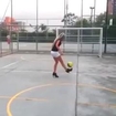Cute girl playing soccer wearing high heels shoes! Crazy...